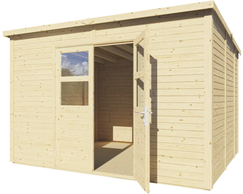 Houten tuinhuis met open dubbele deuren en raam