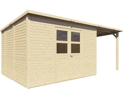 Houten tuinhuis met dubbele deur en overkapping