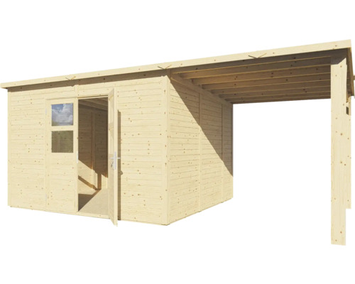 Houten tuinhuis met luifel en openstaande dubbele deur.