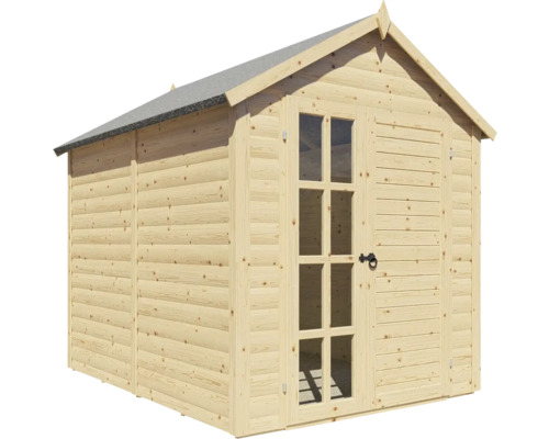 Houten tuinhuis met raamdeur en dakleer