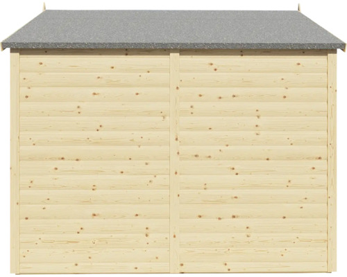 Achteraanzicht van een houten tuinhuis met dakleer