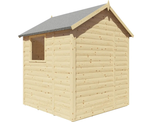 Houten tuinhuis met raam en grijze dakbedekking