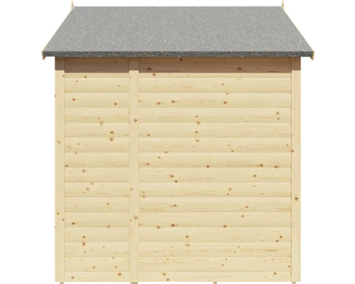 Achteraanzicht van een houten tuinhuis met dakleer