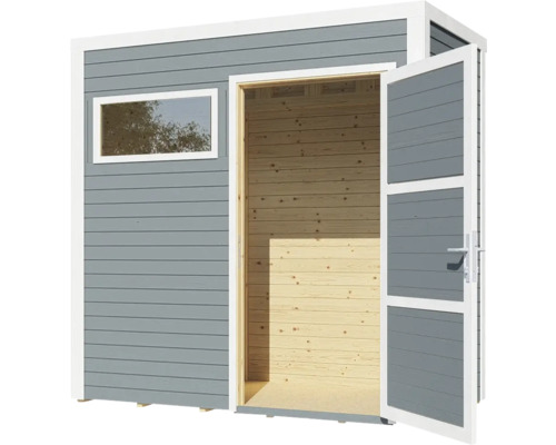 Houten tuinhuis met raam en openstaande dubbele deur