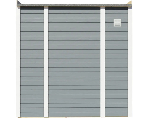 Buitenaanzicht van een tuinhuis met houten bekleding en ventilatie