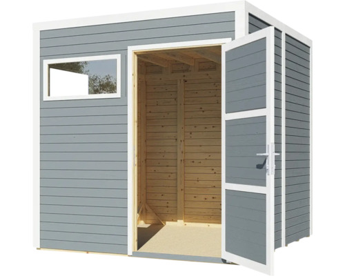 Tuinhuis met raam en openstaande dubbele houten deur