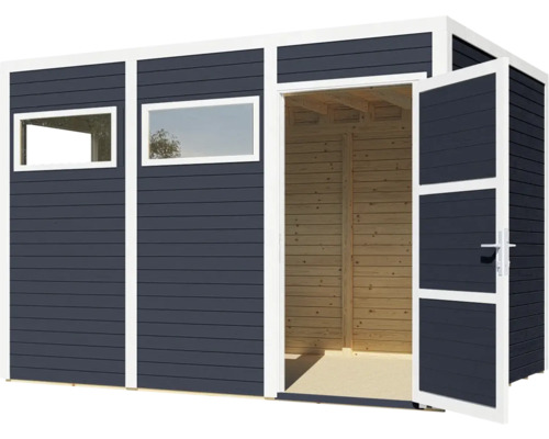 Tuinhuis met raam en openstaande dubbele deur