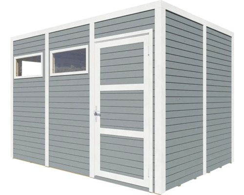 Grijs tuinhuis met ramen en deur