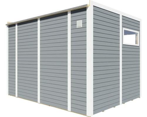 Grijs tuinhuis met raam en ventilatie