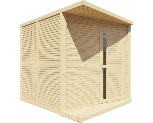 Houten tuinhuis met deur en klein raam