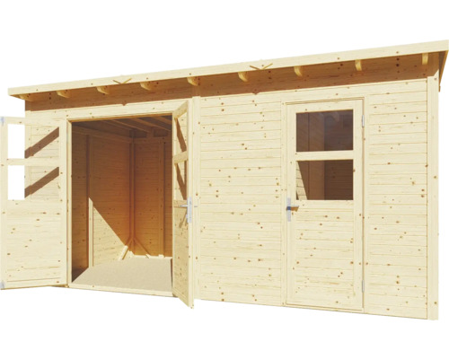 Houten tuinhuis met open dubbele deur en een deur met raam