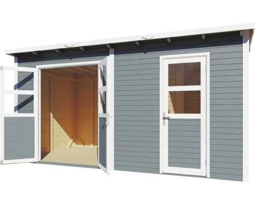 Grijs tuinhuis met open dubbele deur en glazen deur