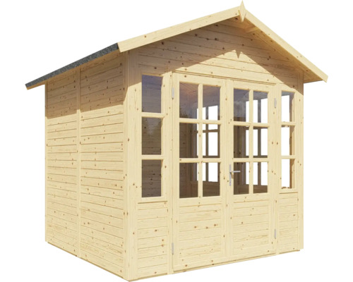 Houten tuinhuis met ramen en dubbele deur