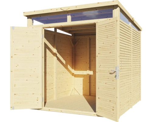 Houten tuinhuis met openstaande dubbele deuren en ramen in het dakgedeelte.