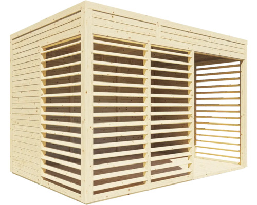 Houten paviljoen met lamellenwanden