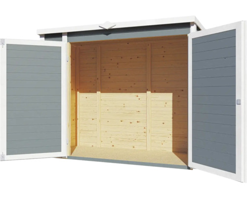 Open houten gereedschapsschuur met dubbele deur