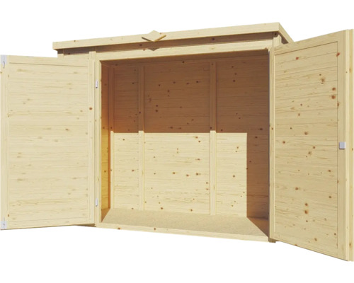 Open houten gereedschapsschuur met dubbele deur.