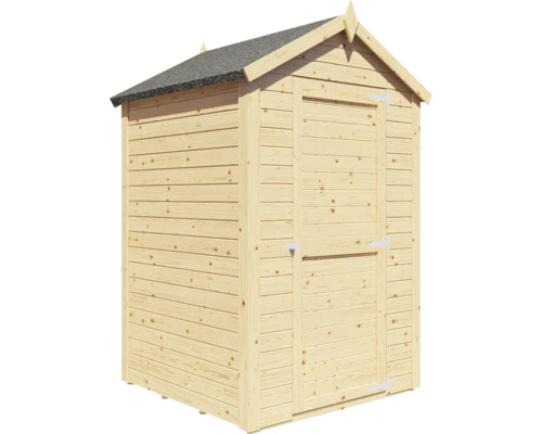 Houten tuinhuis met puntdak en een deur