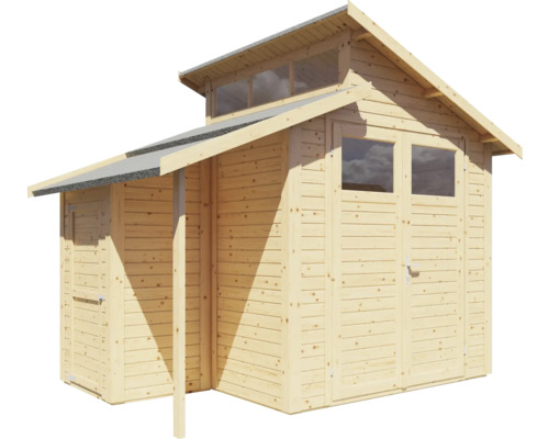 Houten tuinhuis met dubbele deur, ramen en afdak.