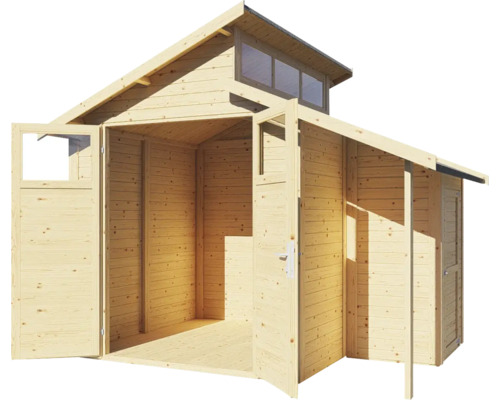 Houten tuinhuis met open deuren