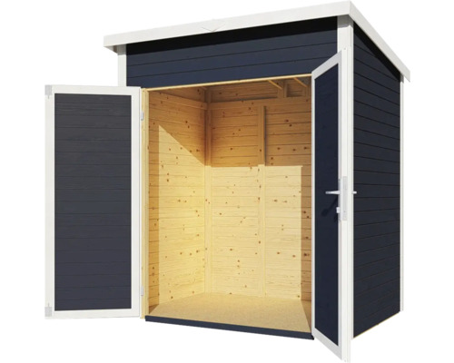 Tuinhuis met openstaande dubbele deuren, houten constructie