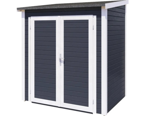Tuinhuis met dubbele deur voor het opbergen van tuingereedschap en tuinmeubelen.