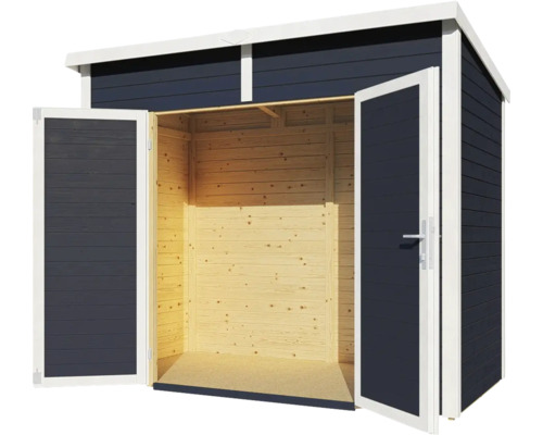 Open houten gereedschapsschuur met dubbele deur