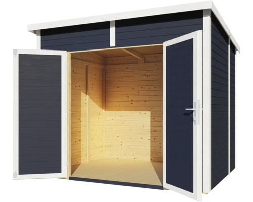 Houten tuinhuis met open dubbele deuren