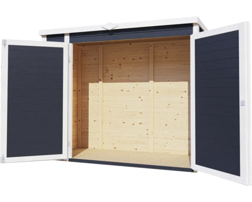 Open houten gereedschapsschuur met dubbele deur