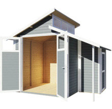 Tuinhuis met open deuren, houten constructie en bovenlicht