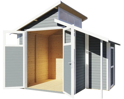 Tuinhuis met open deuren, houten constructie en bovenlicht