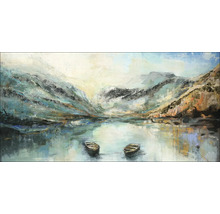 Schilderij met berglandschap en twee boten op het meer