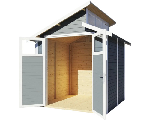 Houten tuinhuis met openstaande dubbele deuren en bovenlicht