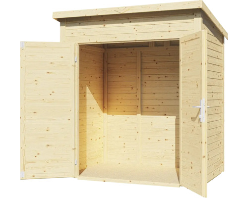 Open houten gereedschapsschuur met dubbele deur.