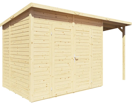 Houten tuinhuis met dubbele deur en kleine luifel