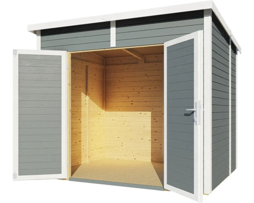 Grijs geschilderde houten gereedschapsschuur met openstaande dubbele deuren