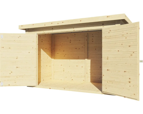 Houten tuinhuis met open deuren