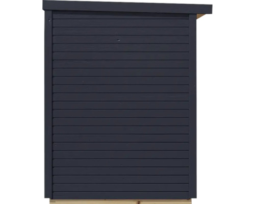 Buitenkant van een houten tuinhuis met horizontale bekleding