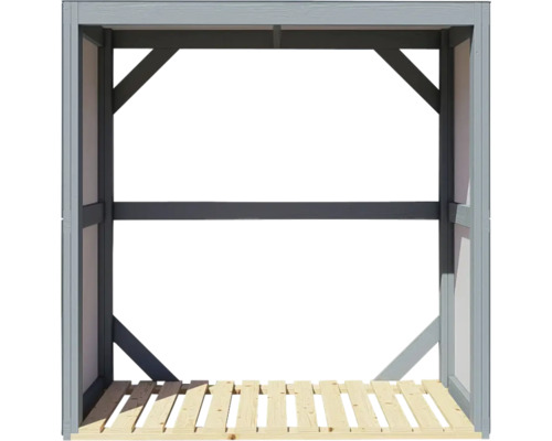 Houtopslag met houten lattenbodem en grijs houten frame