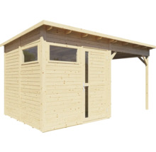 Houten tuinhuis met ramen en aanbouw