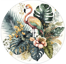 Illustratie van een flamingo met tropische bladeren en bloemen