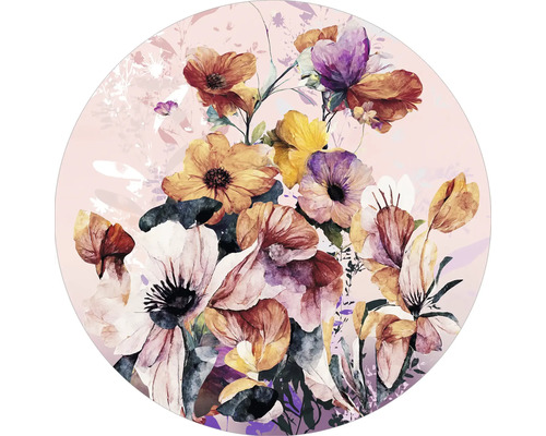 PURE LIVING Schilderij glas Rond Waterverf Bloemen VIII Cm 50x50 cm Rond tapijt met bloemmotief