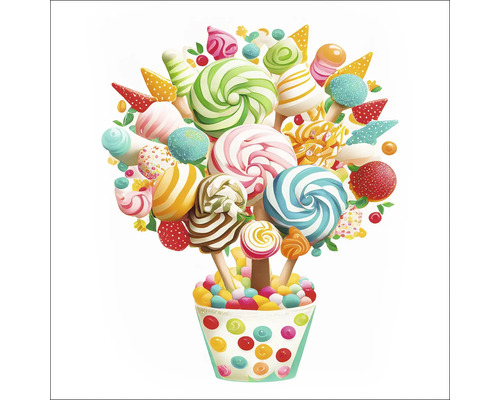 PURE LIVING Schilderij glas Lollies III 20x20 cm Illustratie van lolly''s en snoepgoed in een container