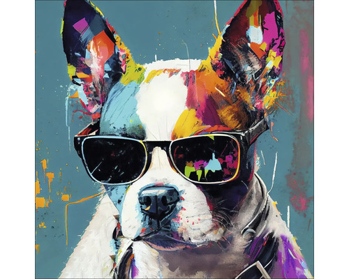 Schilderij van een hond met zonnebril