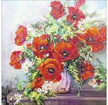 Schilderij met rode klaprozen en witte madeliefjes in een vaas