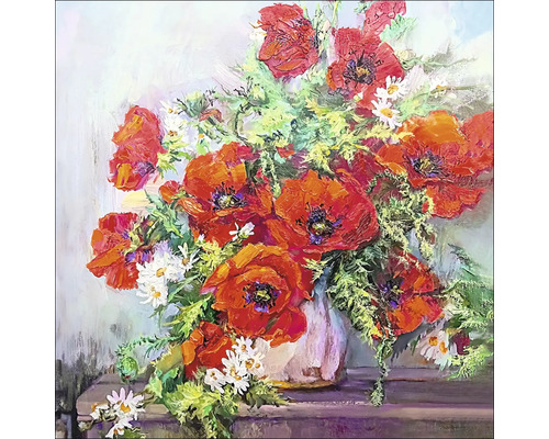 Schilderij met rode klaprozen en witte madeliefjes in een vaas