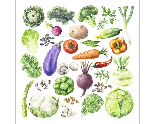 PURE LIVING Schilderij glas Verschillende Groenten 50x50 cm Illustratie van diverse groenten zoals artisjok, boerenkool, broccoli en sla