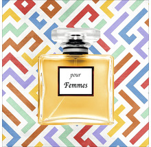 Parfumfles voor dames met opschrift op een kleurrijke achtergrond