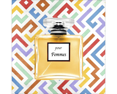Parfumfles voor dames met opschrift op een kleurrijke achtergrond