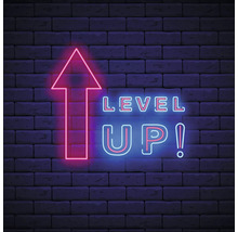 Neonreclame met pijl omhoog en de tekst Level Up tegen een bakstenen muur